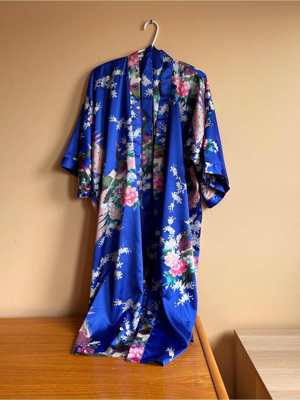 Vintage Blue Floral Satin Kimono Robe - S/M